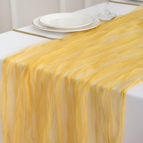 DROMCOM Gelb Käsetuch Tischläufer, 80 x 300 cm Boho Tüll Organza Seihtuch Tischläufer Rustikaler Gaze Stoff Cheesecloth Tischläufer Hochzeit Tischdecke für Hochzeitsfeier Brautparty Tischdeko