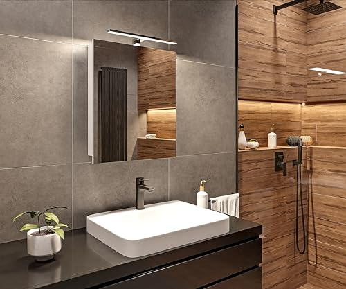 HAJDUK FURNITURE Weiß Spiegelschrank Bad mit LED Beleuchtung Chrom 50x14x60 cm (BxTxH) Badschrank mit Spiegel Badezimmerschrank mit Einzeltür Badezimmer Spiegelschrank Hängeschrank Wandschrank