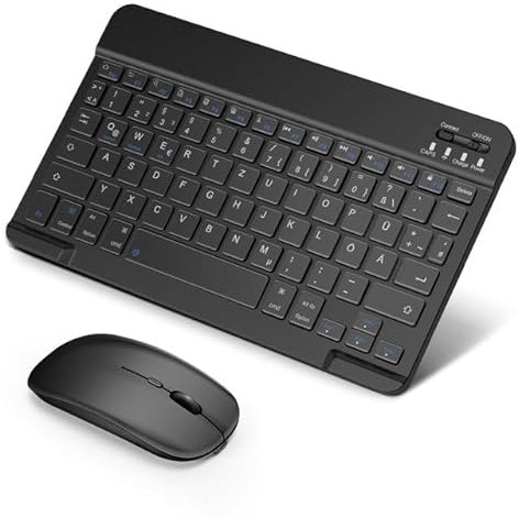 SOPPY Bluetooth Tastatur & Maus Tragbare Tastatur Maus wiederaufladbare Mini-Tastatur, kabellose Tastatur & Maus kompatible mit Pad/Sam-Sung/lOS/Android/Windows, Deutsches QWERTZ Layout,Schwarz