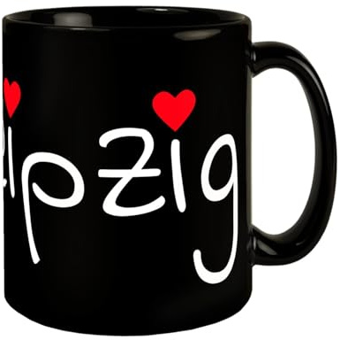 Schwarze Tasse Leipzig mit rotem Herz - Romantische KaffeeTasse elegantes Design mit rotem Herz Liebe zur Stadt Leipzig