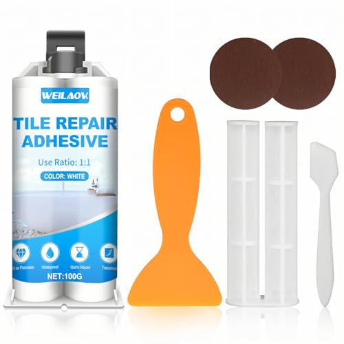 WEILAOK Kit Reparation Carrelage, Kit Réparation Carrelage, Kit Réparation Baignoire Acrylique Blanc, Reparation Carrelage pour Carrelage, Rayures, Trous, Fissures, 100g