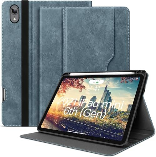 HOLIMET Hülle für iPad mini 7 2024 (A17 Pro), iPad mini 6 Hülle 2021 mit Stifthalter 8,3 Zoll PU Leder Cover Smart Folio Ständer TPU Rückseite Abdeckung Schutzhülle, Auto Schlafen/Wachen, Blau