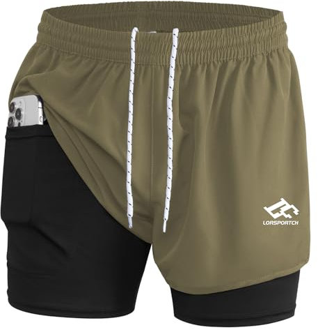 LORSPORTCH Herren Laufshorts 2 in 1 Shorts Gym Athletic Shorts Outdoor Marathon Workout Trainingsshorts Mit Eingebaut Taschen grün XL