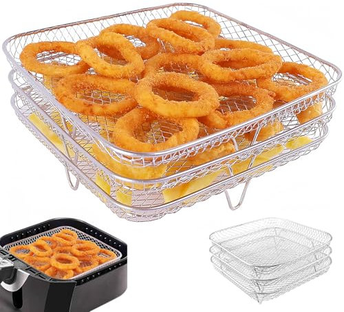 WANDGU Support triple pour friteuse à air 20,8 × 20,8 × 9,5 cm : plateau carré pour friteuse à air, support pour friteuse à air en acier inoxydable 304, trois supports empilables pour four Ninja