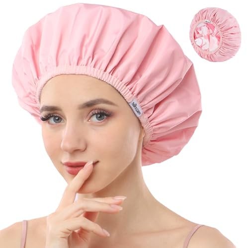 Years Calm Shower Caps For Women Reusable Waterproof,Pattern And Solid Color Dual-Layer Design For Dual-Layer Usable,Protects Hair In Shower, Spa, Cooking, Clean & Travel (Pink, One Size)