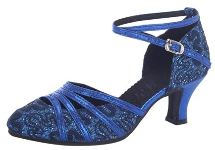 Scarpe da ballo da donna, con paillettes latine, con tacchi alti, con brillantini, stile vintage, lucido, elegante, per feste, Blu 3, 40 EU