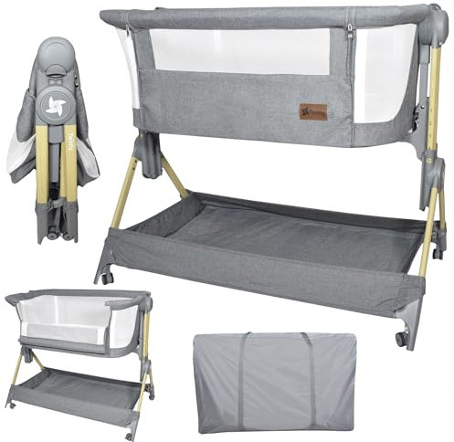 Twinly – Beistellbett Baby Comfortly mit Rollen | Klappbar & Höhenverstellbar (5 Stufen), Atmungsaktiv ab 0+ Monate bis 9 kg, inkl. Matratze, Laken & Tasche – Ohne Montage (Holzfarben)