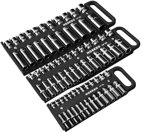 HGSKEO Magnetic Socket Holder Set with Handle, Portable Socket Organizer, Heavy Duty Socket Racks, 76 standard Sockets for Tool Box (Black, 3 Pcs Set-1/4, 3/8 & 1/2)