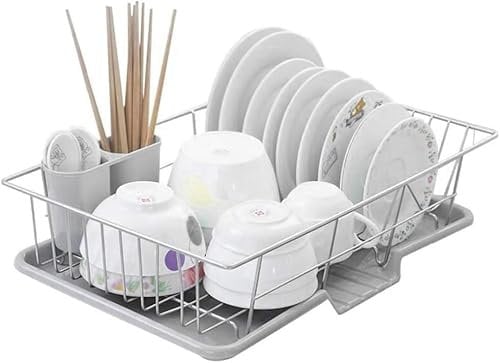 CROWNSHOP Dish Drying Rack with Drip Tray Compact Anti-Rust Dish Rack Drainer Metal Wire Cutlery Holders Draining Holder Utensil Holder Cutlery Rack Over Sink
