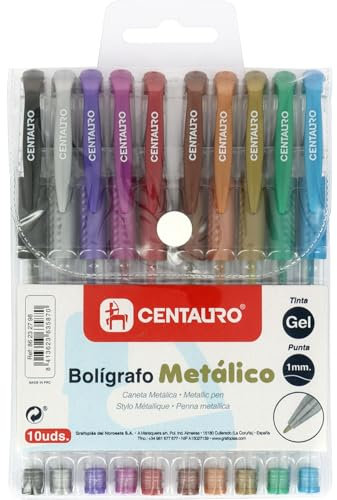 Centauro - 10er-Pack Gelstifte in Metallic-Farben, mittlere Strichstärke, 1 mm, bequemer Gummigriff, perfekt als Schulmaterial zum Schreiben und Zeichnen