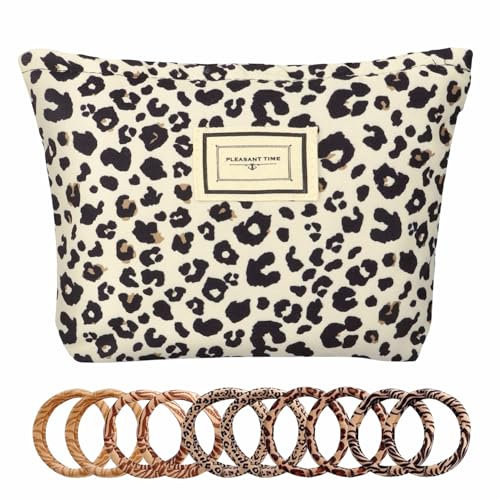 Leopard Kosmetiktasche mit 10 Leopard Haargummis Canvas Make-Up Tasche Kosmetik Etui Geldbörsen, Reisen, Kulturbeutel, Zubehör,Organizer für Frauen & Mädchen – Ideal für Badezimmer,Zuhause, Büro