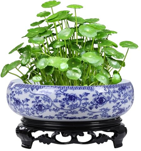 Tadoiooy Bowl Planter 6-7 Chinese Flower Pattern Ceramic Hydroponic Planter with Plastic Base Exquisite & Rustic Plant Pot for Lotus, Water Lily, Succulent