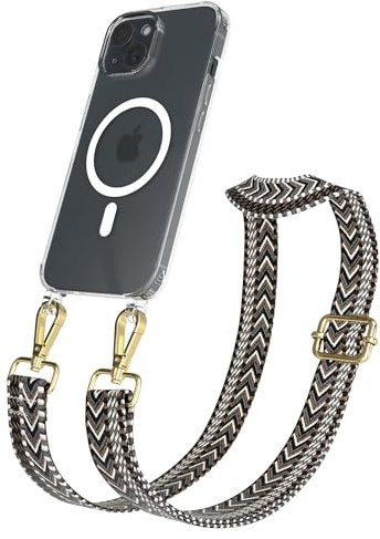 EAZY CASE Handykette - Verstellbares Taschenband kompatibel mit iPhone 15, Schulterriemen, Handykordel mit Silikon Hülle, Qi Charging kompatibel, Umhängetasche, Grau Schwarz Gold