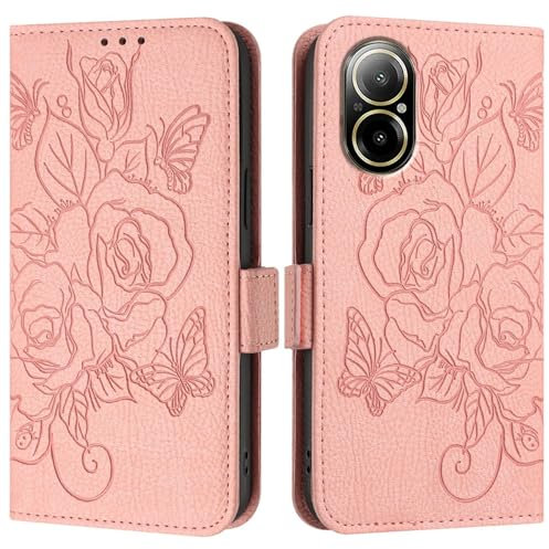 Étui à Rabat pour Smartphone Compatible avec la Coque Oppo Realme C67 4G, étui Portefeuille Fin en Cuir PU à Rabat, étui de Protection Antichoc avec Porte-Cartes + dragonne(Pembe)