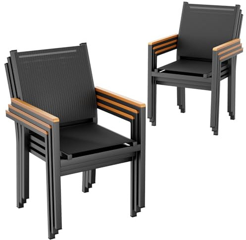 LIFERUN Gartenstuhl 6er Set, Aluminium, Stapelbarer Esszimmerstuhl Textilene, WPC Handlauf, Balkonstühle, für Terrasse, Balkon, Terrasse, Pool, Restaurants, Wetterfest, Schwarz, 6 Pcs