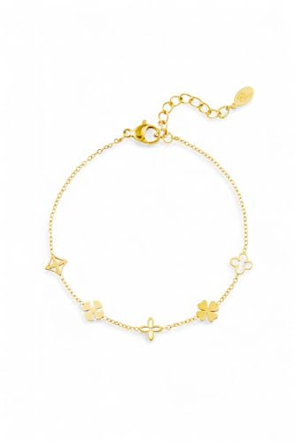 Damen Kleeblatt Armband Gold aus Edelstahl 18kt Vergoldet Vierblättriges Armband Kleeblatt Design für Damen und Mädchen wasserfest nickelfrei Glücksbringer und Glücksklee Geschenk für Frauen