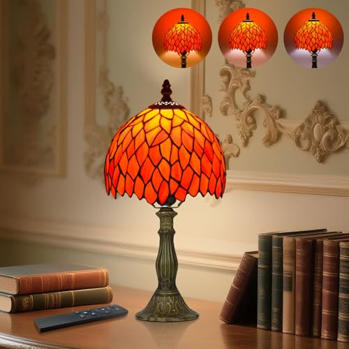 Tiffany Style Table Lamp for Bedroom - Remote Control Stained Glass Lamp with Timer, Stepless Dimmable and Colorful Glass Shade Bedside Lamps for Living Room Office, Bulb Included (Orange)