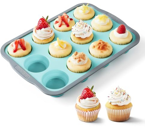 SIWOKJJO Silicone Muffin Trays for Baking with Metal Reinforced Frame | Nonstick 12 Cups Easy to Pop Cupcake Baking Pan Molds for Oven Dishwasher Safe Making Muffins, Cupcakes