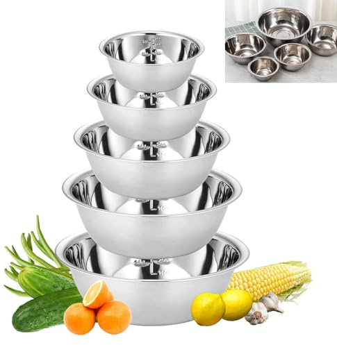 ACTIUSIS 5-teiliges Edelstahl Schüssel Set, Edelstahl Schüssel, Salatschüssel mit Skala, Metallschüssel, Rührschüssel Servierschüssel Stapelbar für Salat Backen Küche, 14/16/20/22/24 CM