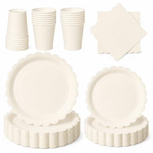 PYAILI 96 Pcs Cream White Party Tableware Set | Paper Plates Cups Napkins, Dinnerware Set for Kids Adult Birthday,Wedding,Baby Shower Party Tableware—serves 20 guests