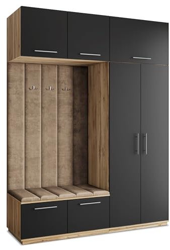 Masseno Flugarderoben Set Rema, Kleiderschrank-Set mit Sitzbank, Garderobenschrank Flur mit 5 Regalböden, Eiche Wotan/Schwarz