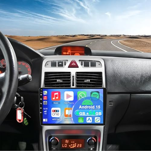 4+64G Android 15 Auto Radio Coche con CarPlay Android Auto para Peugeot 307 2002–2013, Pantalla táctil de 9 Pulgadas Autoradio Estéreo Reproductor con GPS Mirror Link Pantalla Dividida FM RDS SWC DSP