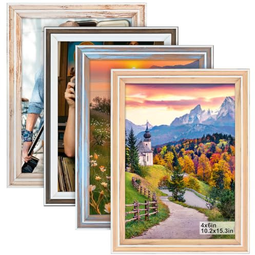 SIMDAO 4er Vintage Bilderrahmen 10x15 Set - Retro Bilderrahmen für Tisch oder Wand, 4 Farben, Rustikale Fotorahmen im Landhausstil mit Plexiglas Für Fotos, Poster, Büro und Home office