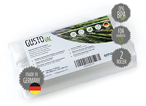 GustoVac 2 Rouleau Sous Vide Alimentaire Gaufrés Fabriqué en Europe 20x600cm, Sac Sous Vide Alimentaire Film Sous Vide Alimentaire Sachet Sous Vide Alimentaire pour Machine Sous Vide Alimentaire