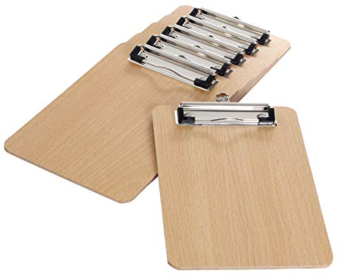 6er Klemmbrett A5 aus Hartholz extra dick 4mm, mit Aufhängeose, Gummierter Metalklemme, Schreibbrett Pad Halter Clipboard - Qualität Holz Faserplatte - Zwischenablage Schreibblock, TKD8010