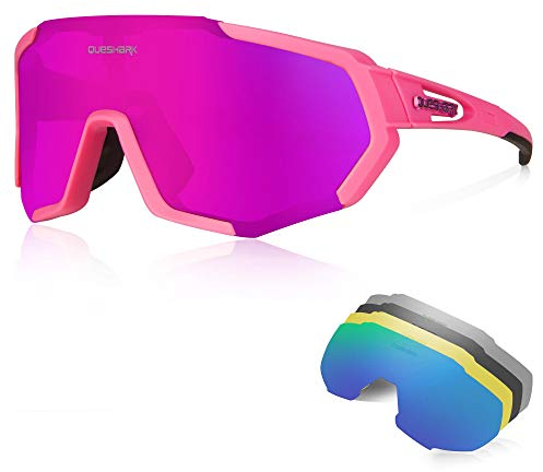 Queshark Occhiali Ciclismo Polarizzati con 5 Lenti Intercambiabili Occhiali Bici Antivento e Antiappannamento Occhiali Sportivi da Sole Anti UV da Uomo Donna per Corsa, MTB e Running