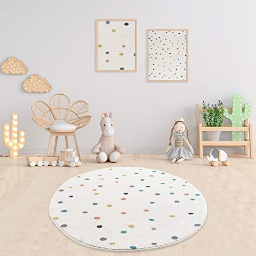payé Teppich Rund Kinderzimmer - Cream - 160x160cm - Spielteppich Bunte Punkte Kurzflor Kinderteppich - Oeko-Tex Standard 100