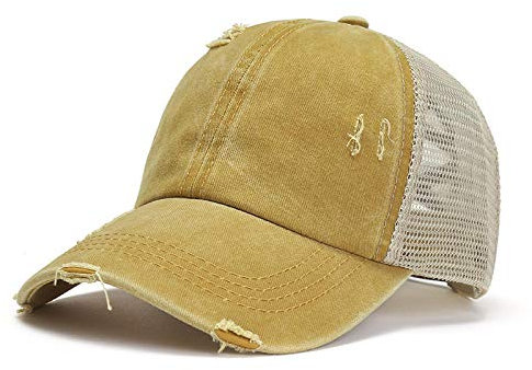 Herren Kappe Hut Frauen Baseball Cap Camo Print Distressed Gewaschen Unordentlich Trucker Hut Mesh Zurück Pferdeschwanz Hohl Criss Cross Band-Gelb