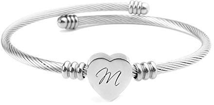 ShopINess Bracelet Câble Femme en Acier Inoxydable avec Coeur Gravé Initiale A-Z Couleur Argenté (M)