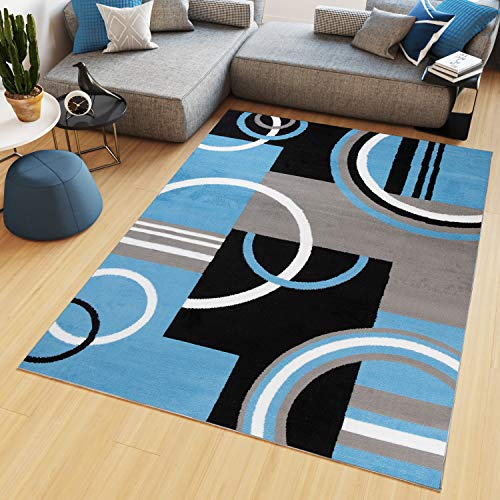 TAPISO Maya Kollektion Teppich Kurzflor Modern Vierecke Kreise Streifen Figuren Design Schwarz Grau Blau Weiß Wohnzimmer Schlafzimmer Büro ÖKOTEX 250 x 350 cm