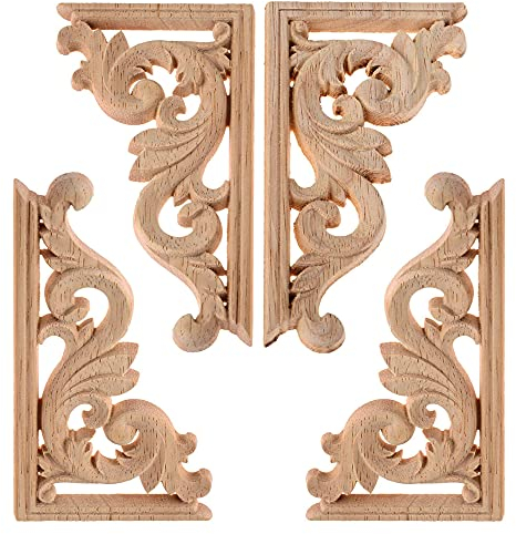 LIANCHEN 4 Stück Holz Ecke Onlay Holz Geschnitzt Corner Geschnitzte Ecke Onlay Möbel Appliques ohne Lack Gipüre Wand Möbel Blumenmuster Wohnung Deko Europäischer Stil für Schlafzimmer Wohnzimmer