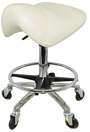 VAKON SALON - Premium Sattelhocker Weiß, Sattelstuhl für Rückenentlastung, Rollhocker höhenverstellbar von 55-75 cm mit Fußring, Drehhocker, Praxishocker, Bürohocker, Arbeitshocker