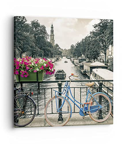 Bilder auf Leinwand Amsterdam Fahrräder Brücke Leinwandbild 30x30cm Wandbilder Dekoration Wohnzimmer Schlafzimmer Küche Deko Klein Wanddeko Bild Wand Kunstdruck Art Wall Decor Canvas AC30x30-4503