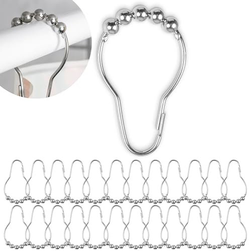 Duschvorhang Ringe, 24 Stück, in Silber-Farben, mit Kugel-Gleitsystem, 7 x 3,9 cm Größe, für Duschvorhangstangen, aus Edelstahl, Ring Duschgardine, Duschvorhangringe, Duschvorhang Haken, Metallringe
