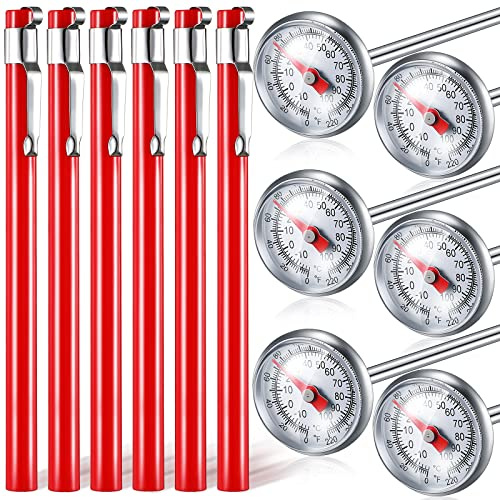 Xuhal 6 Pcs Stainless Steel Kitchen Thermometer with 5 Inch Long Stem 1 Inch Dial Thermometer Milk Frothing Food for Oven Probe Meat Grill BBQ Cooking Chocolate Water(Red)