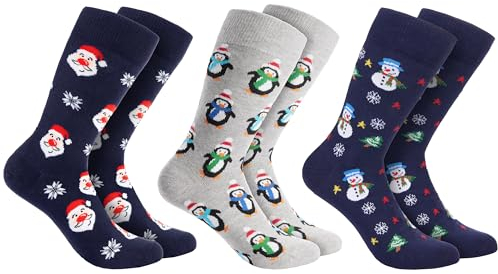 BRUBAKER 3 Paar Weihnachtssocken - Lustige Socken für Damen und Herren - Schneemann, Rentier und Weihnachtsmann - Baumwolle Blau - Geschenk Weihnachten - EU 41-45