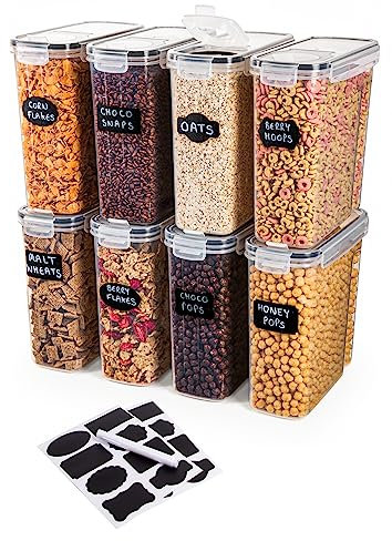nuovva Airtight Cereal Storage Containers – 8pcs Food Storage Containers Set – 4L Kitchen Pantry Organiser – BPA Free Cereal Dispenser Set – Ideal for Cereal & Cornflakes Storage