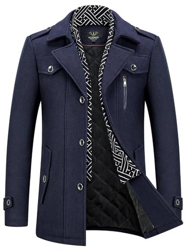 KUDMOL Herren Wintermantel Wolle Kurzmantel Stehkragen Wollmantel Mittellang für Business Freizeit Peacoat(Marine,XXL)
