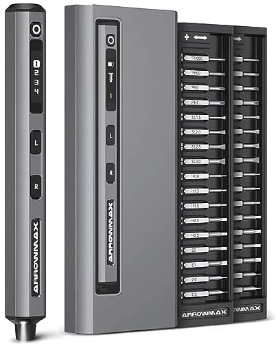 ARROWMAX Cacciavite elettrico, cacciavite precisione con 34 punte magnetiche, 4 impostazioni di coppia, punto rosso, design vincente IF, mini cacciavite a batteria per telefono, laptop, (SES), grigio