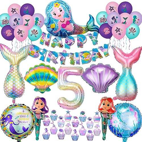NAOLIU Meerjungfrau Geburtstag Deko 5 Jahre, Meerjungfrau Deko Kindergeburtstag, Meerjungfrau Luftballon, Meerjungfrau Ballon Set mit Happy Birthday Banner, Meerjungfrau Tortendeko