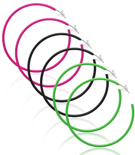 3 Paar Neon Creolen Damen Ohrringe Große Helle Creolen 70er 80er 90er Jahre Party Retro Ohrringe Mädchen Ohrringe Neon Hoop Earrings Schmuckzubehör für 80er Jahre Party Outfits (Rund)