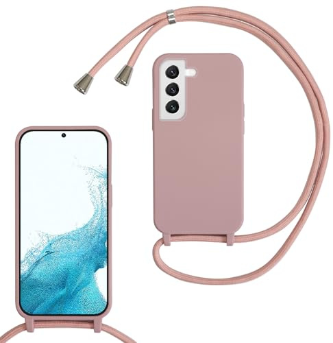 Coque pour Samsung Galaxy S22 Plus avec Cordon, Collier pour Étui en Silicone Liquide avec Portable Sangle réglable Bandouilière Lanyard Colliers, Housse Anti-Choc Case Galaxy S22 Plus,Sable Rose