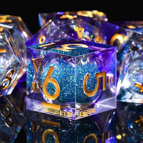 SIQUK 7 Stück Würfel Set Polyedrische Würfel Liquid Core Würfel D4 D6 D8 D10 D12 D20 D% Spielwürfel für DND RPG MTG, Violett & Blau