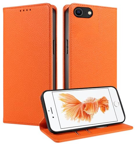 FERLAN Custodia per iPhone 6/iPhone 6S,Flip Portafoglio Custodia in Pelle Genuine,[2 Porta Carte][Magnetica][RFID-Blocker],Custodia Case Cover Libro per iPhone 6/iPhone 6S - Arancione