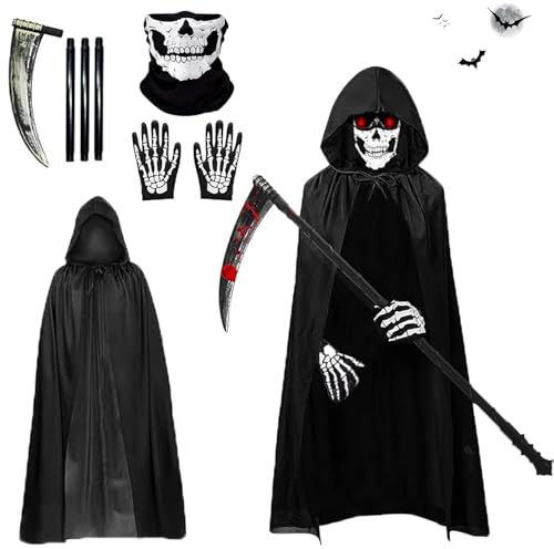 Gxlaihly Sensenmann Kostüm,Grim Reaper Kostüm Erwachsene,Halloween-Umhang mit Kapuze,mit Schädelmaske,Sense,Skelett Handschuhe,Sensenmann Umhang für Halloween,Cosplay,Karneval (Erwachsener-B)