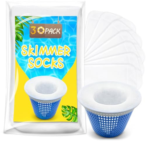 ROMIVO Lot de 30 Chaussettes de Filtre pour Écumoire de Piscine pour Piscine Enterrée ou Aérienne, Chaussettes de Panier d'Écumoire à Mailles Ultra Fines, Protège-Scum, Attrape-Feuilles et Débris
